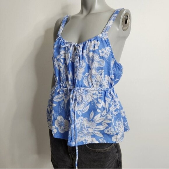 C&C California Flower Print Blue Linen Peplum Waist Tank Top Size XL NWOT - Picture 2 of 12